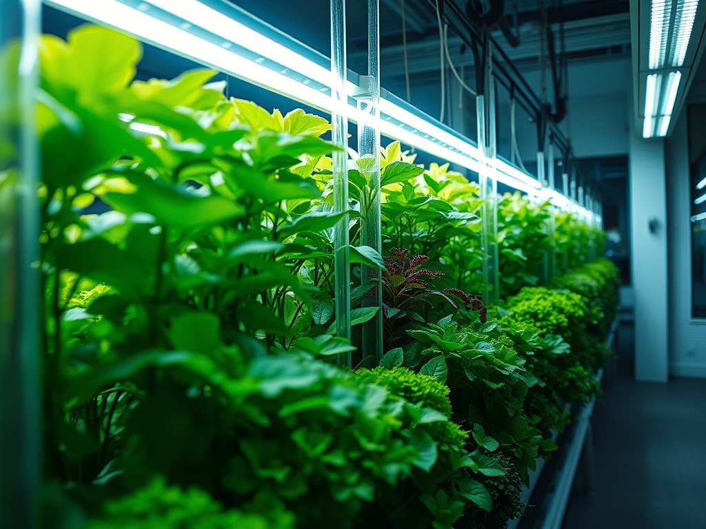 Sistema hidropônico moderno com iluminação artificial, cultivando plantas verdes em um ambiente controlado e sustentável.